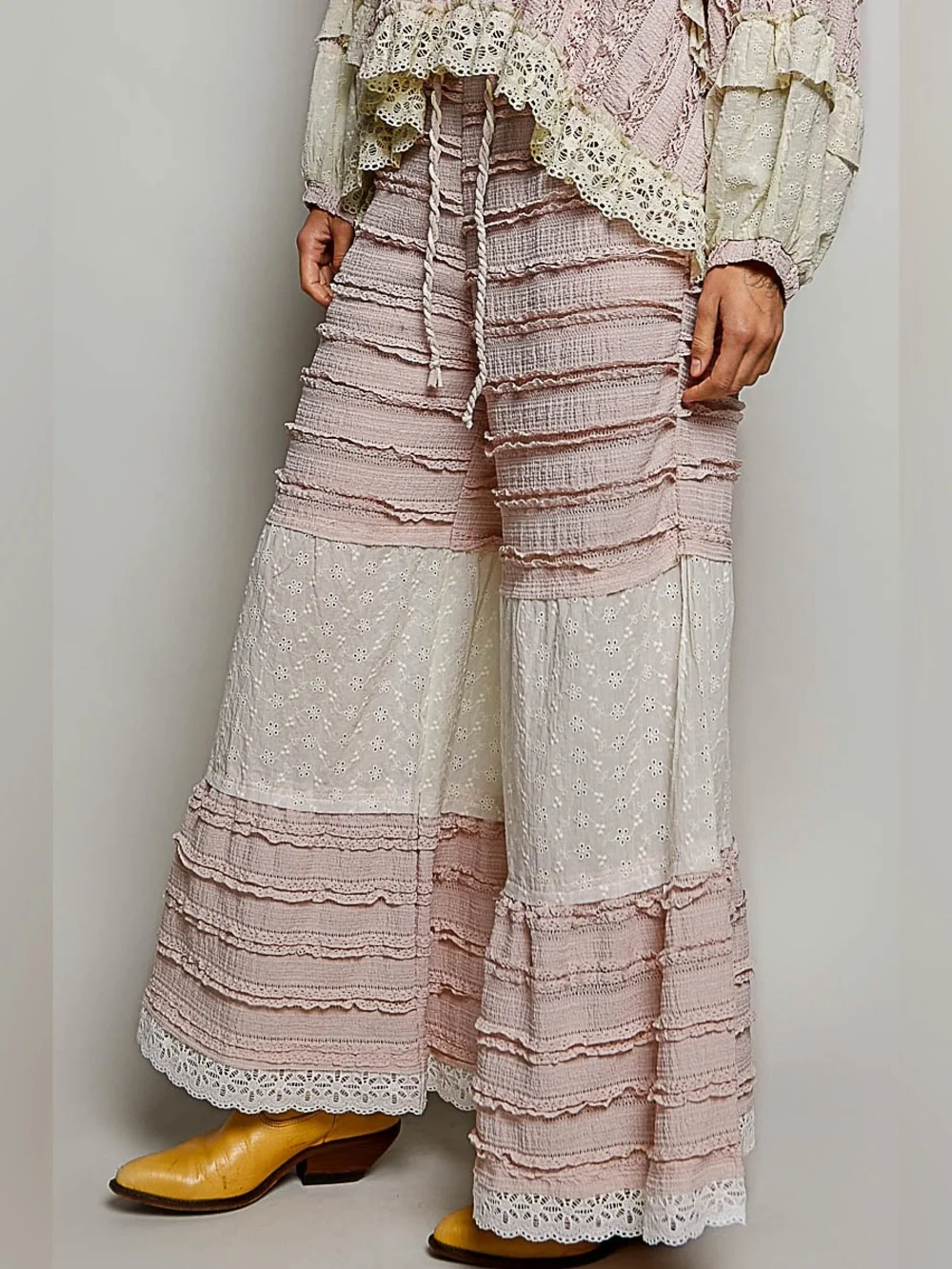 POL Pink and Cream Layered Wide-Leg Pants